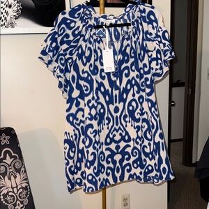 Rose + Olive Blue and Cream Patterned Blouse